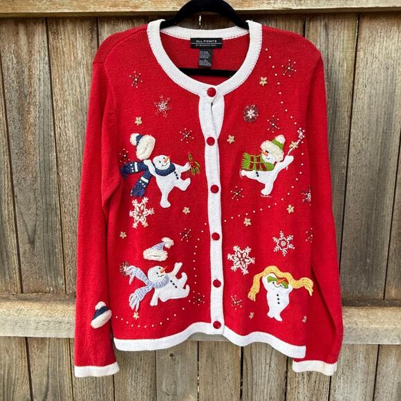 Vintage ALL POINTS ramie/cotton red Cardigan SWEATER Size Large red snowman - Picture 1 of 3